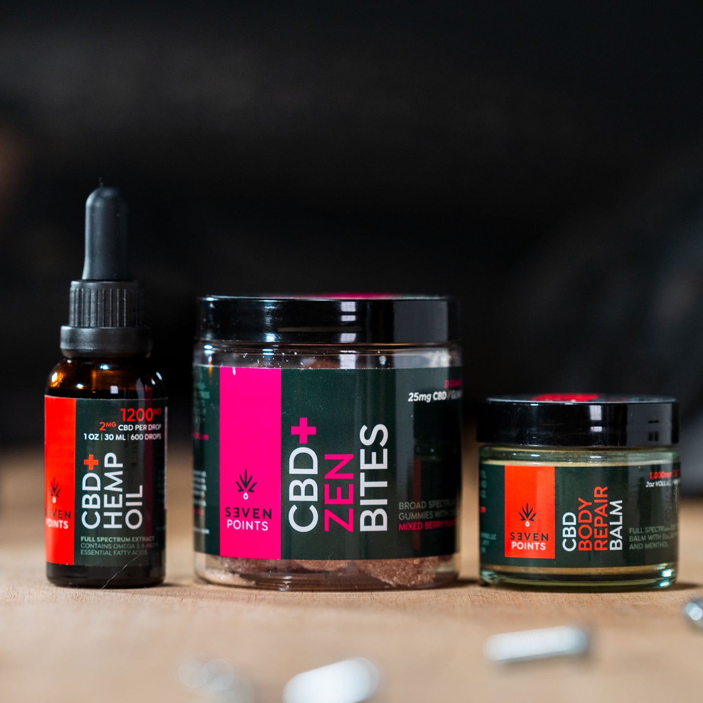 Seven Points CBD Founders Kit showing 1200mg full-spectrum tincture, Zen Bites Broad Spectrum CBD gummies and 1,000mg CBD Body Balm.